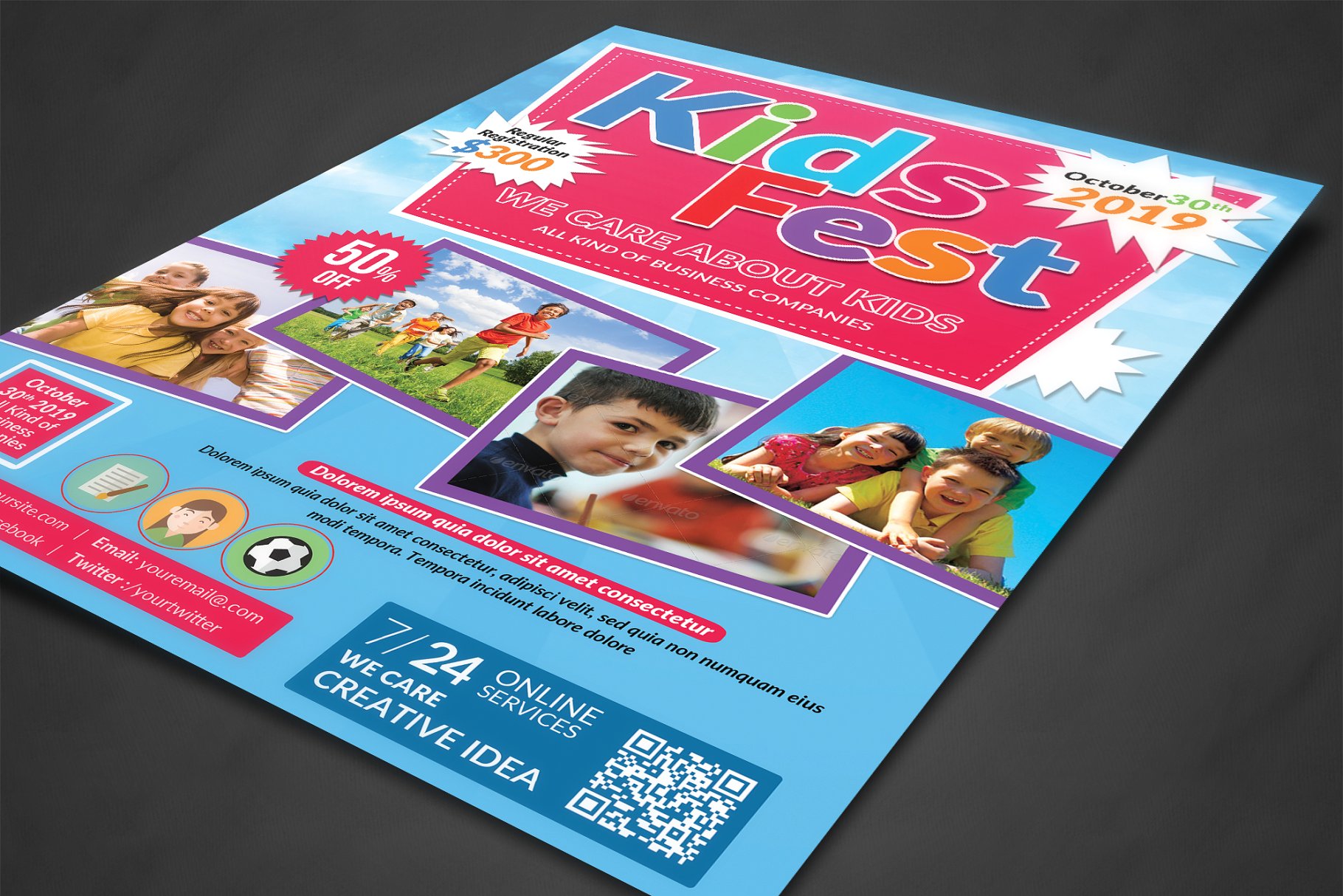 创意儿童夏令营宣传单设计模板 Kids Summer Camp Flyer template插图(1)