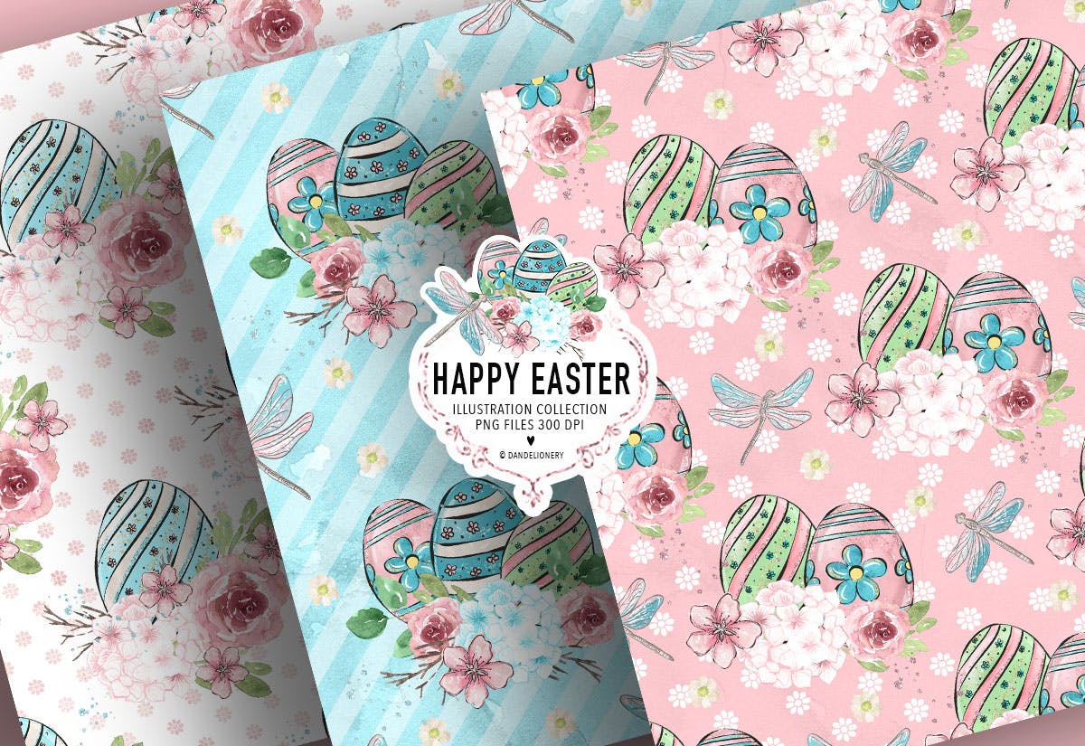 复活节蜻蜓水彩手绘数码纸张图案设计背景素材 Happy Easter dragonfly digital paper pack插图(1)