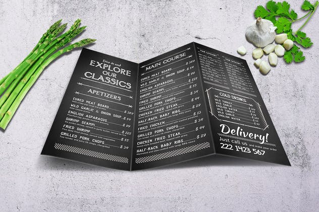 黑色复古排版餐厅菜单PSD模板 Odyssey A4 Trifold Menu插图(2)
