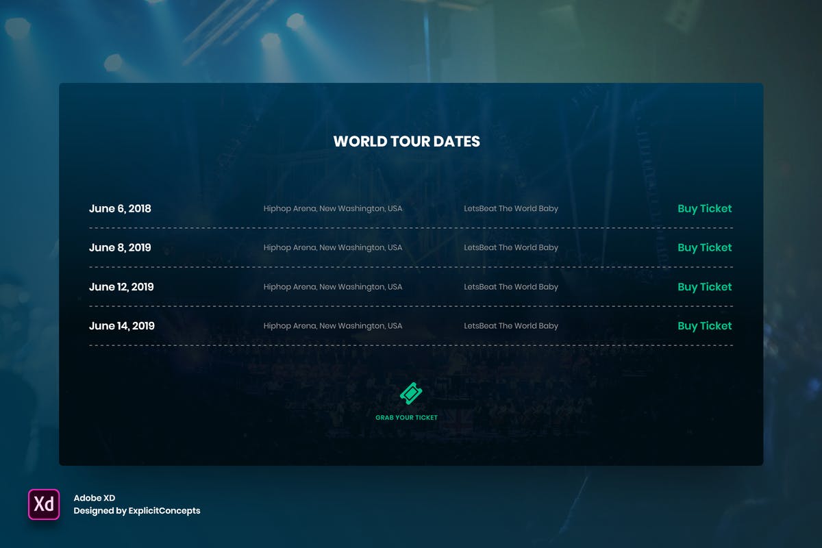乐队世界巡演在线订票系统价格表单UI模板 for XD Band World Tour – Adobe XD插图