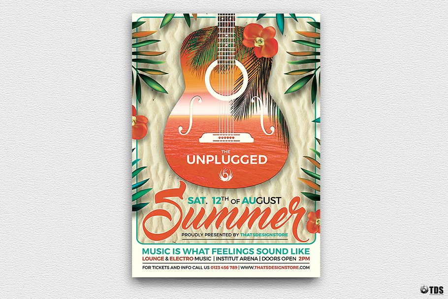 夏季电吉他独奏音乐表演宣传PSD模板V2 Summer Unplugged Flyer PSD V2插图(1)