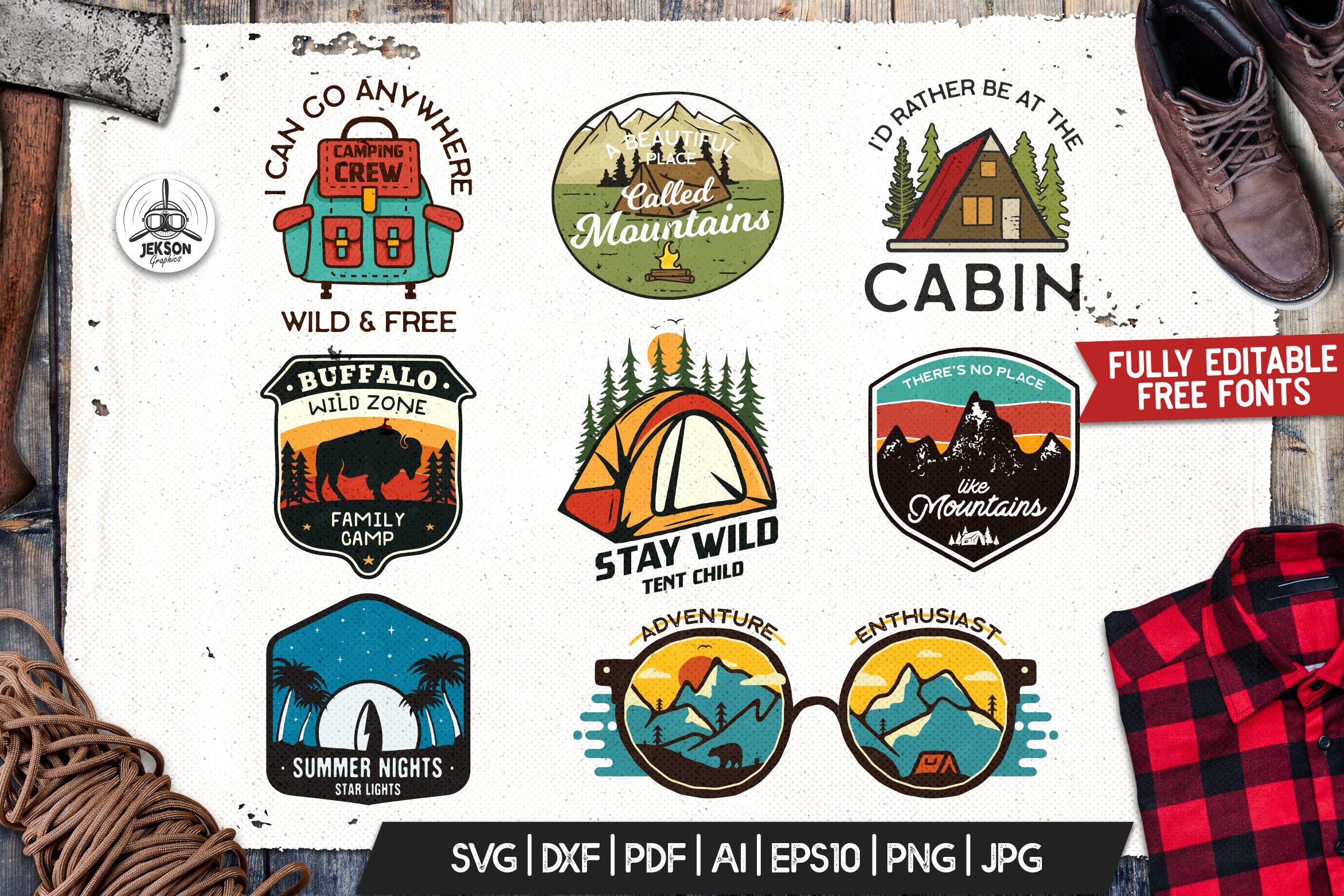 野营冒险/户外运动/旅游品牌Logo设计模板 Camping Adventure Badges, Retro Travel Logos Set插图