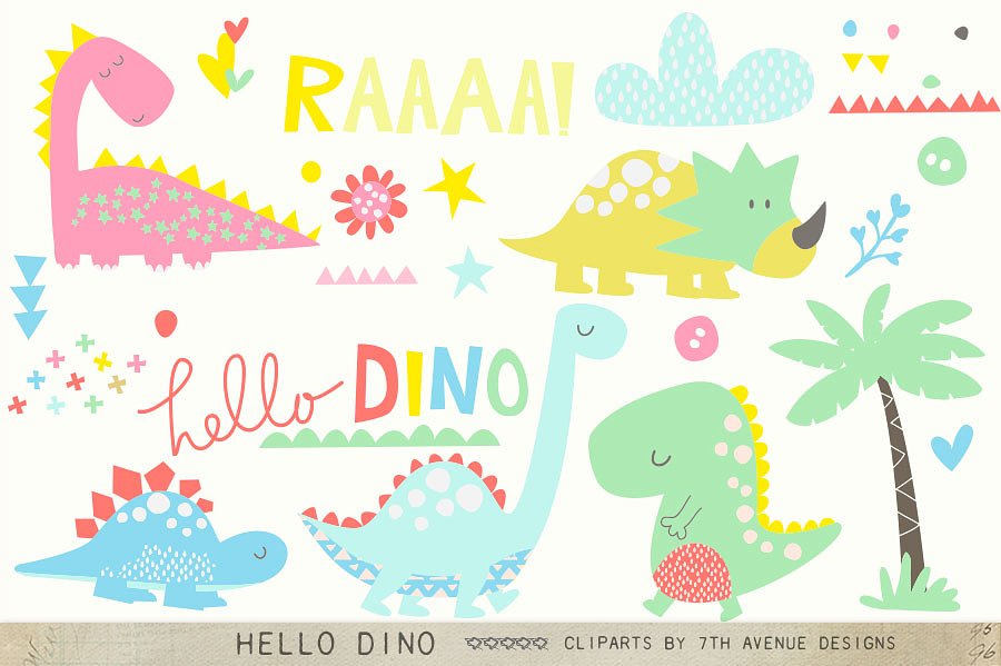 恐龙主题剪贴画无缝矢量图案纹理 Hello Dino Collections插图(2)