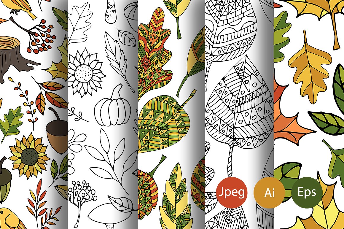 10款秋季树叶落叶的无缝模式背景下载 Autumn Seamless patterns [ai,eps,jpg]插图(1)
