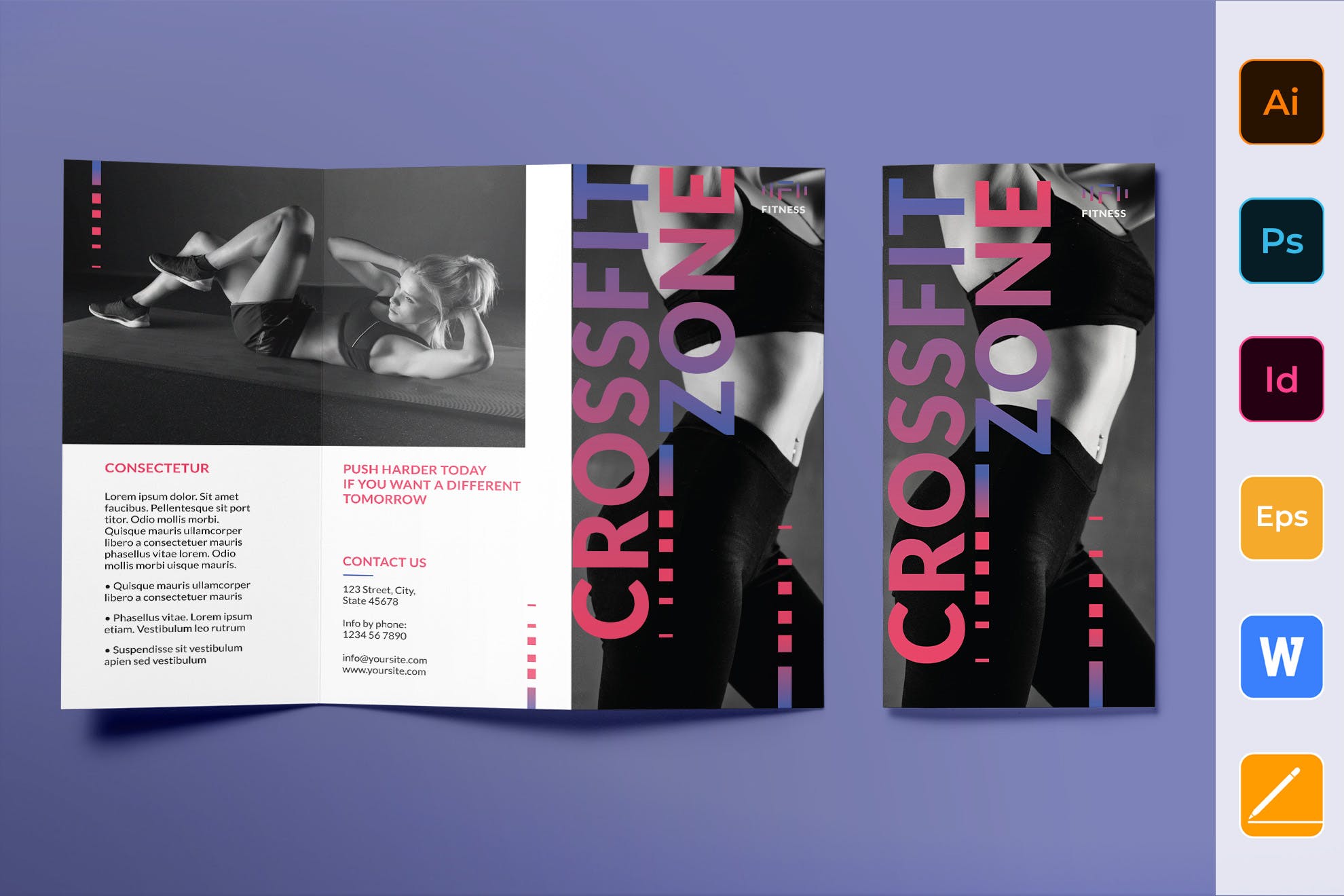 健身俱乐部/工作室三折页宣传单设计模板 Fitness Studio Brochure Trifold插图
