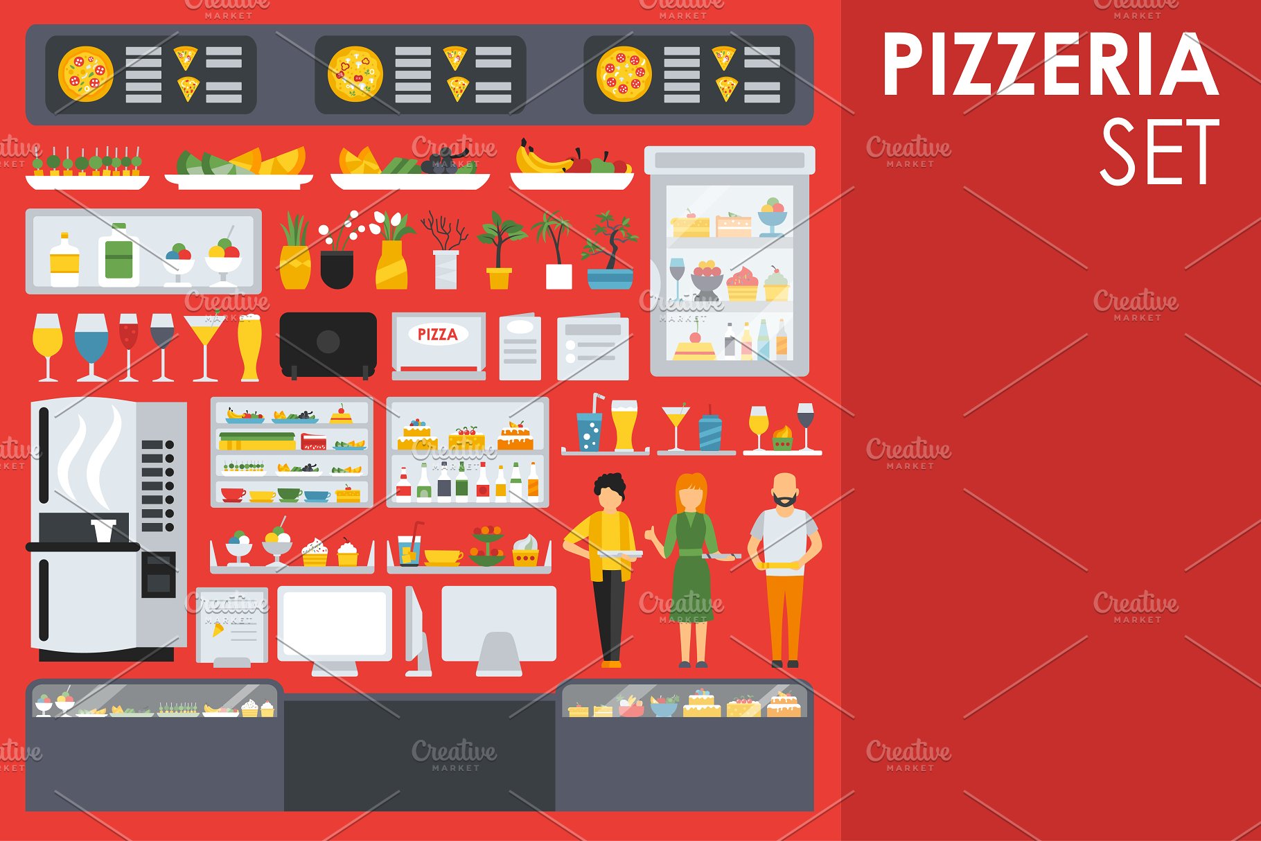 披萨店扁平设计风格设计元素 Pizzeria Flat Objects 9 collections插图(4)