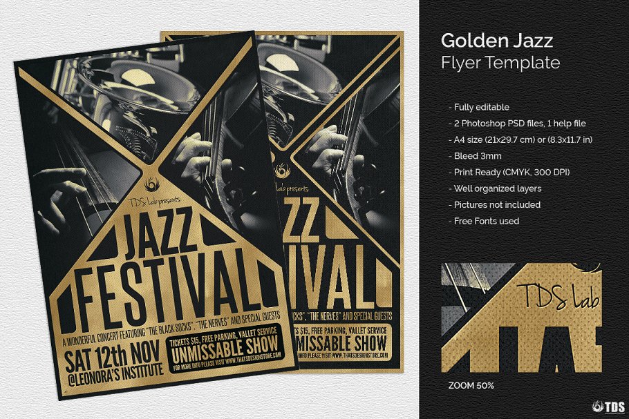 金色爵士音乐活动传单PSD模板 Golden Jazz Flyer PSD插图