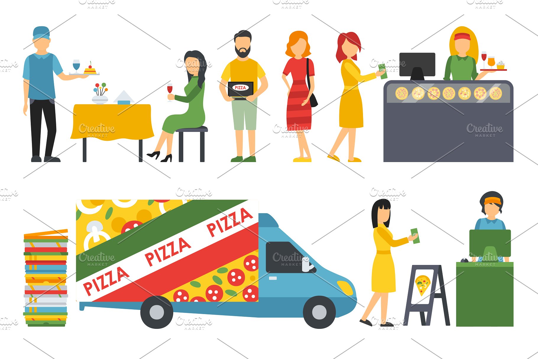 各式职业人员吃披萨形象扁平化设计矢量插画 Pizzeria – flat people set插图(14)