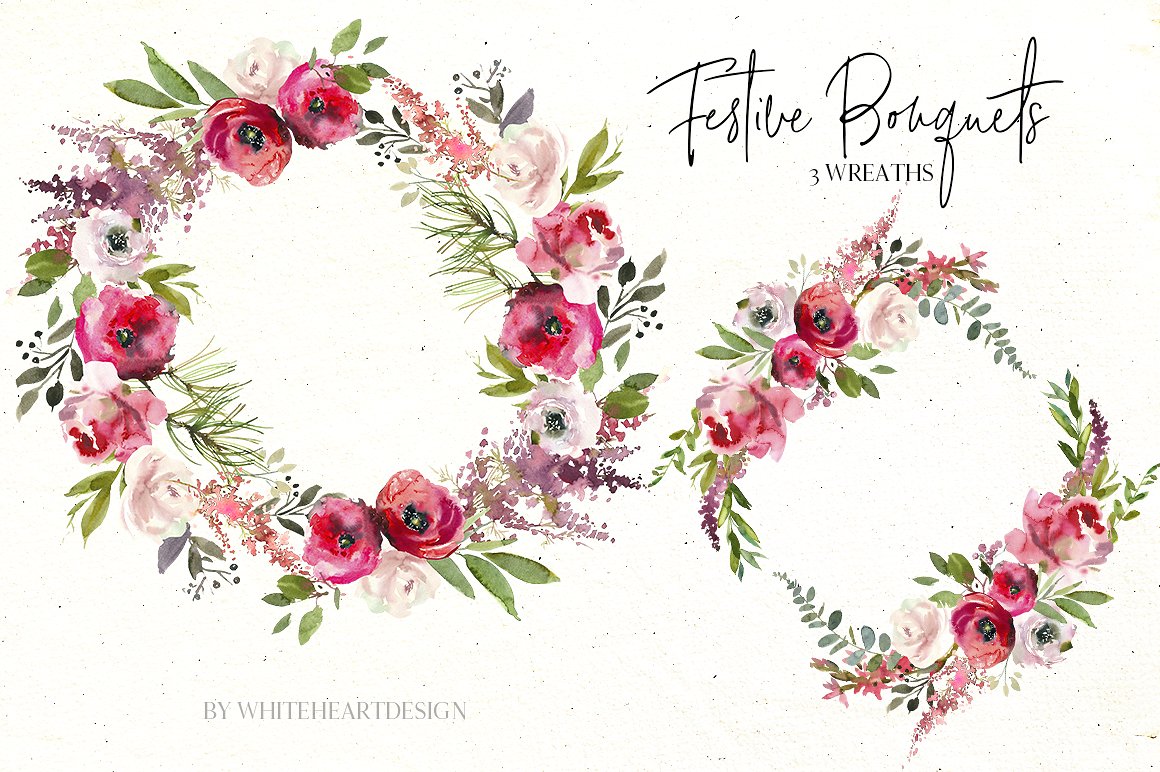 节日水彩花卉花束插画 Festive Bouquets Watercolor Flowers插图(3)