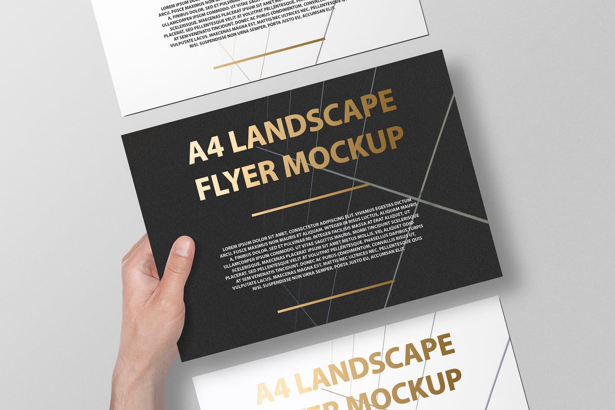 A4横向铝箔冲压工艺传单海报样机 A4 Landscape Flyer / Poster Mockup – Foil Stamping插图