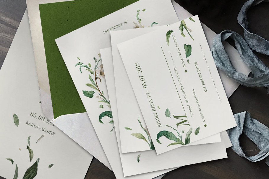 绿色婚礼邀请函设计模板 Green Foliage Wedding Suite插图