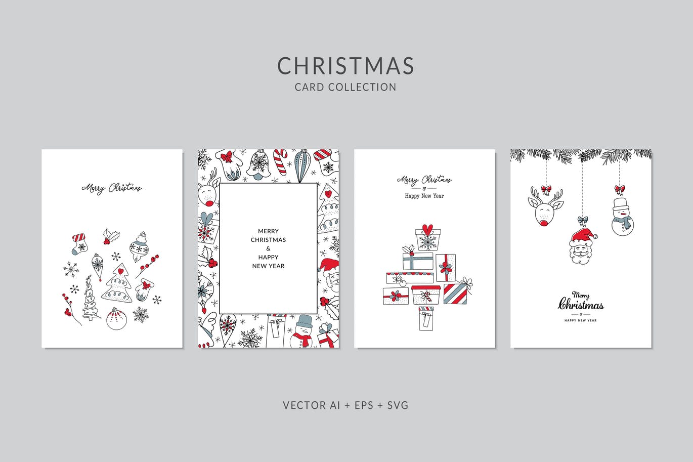 圣诞礼物手绘图案圣诞节贺卡矢量设计模板集v4 Christmas Greeting Card Vector Set插图
