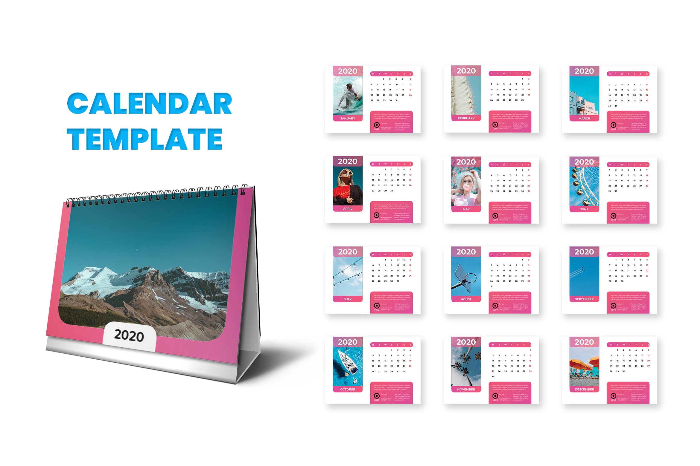 照片展览风格2020年活页台历日历设计模板 Calendar 2020插图