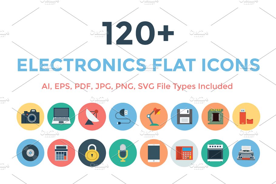 120+电子产品设备扁平化图标 120+ Electronics Flat Icons插图