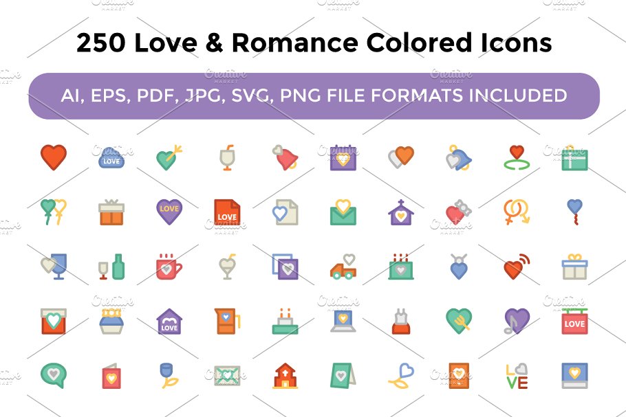 250个爱情和浪漫元素的彩色图标集合  250 Love and Romance Colored Icons插图