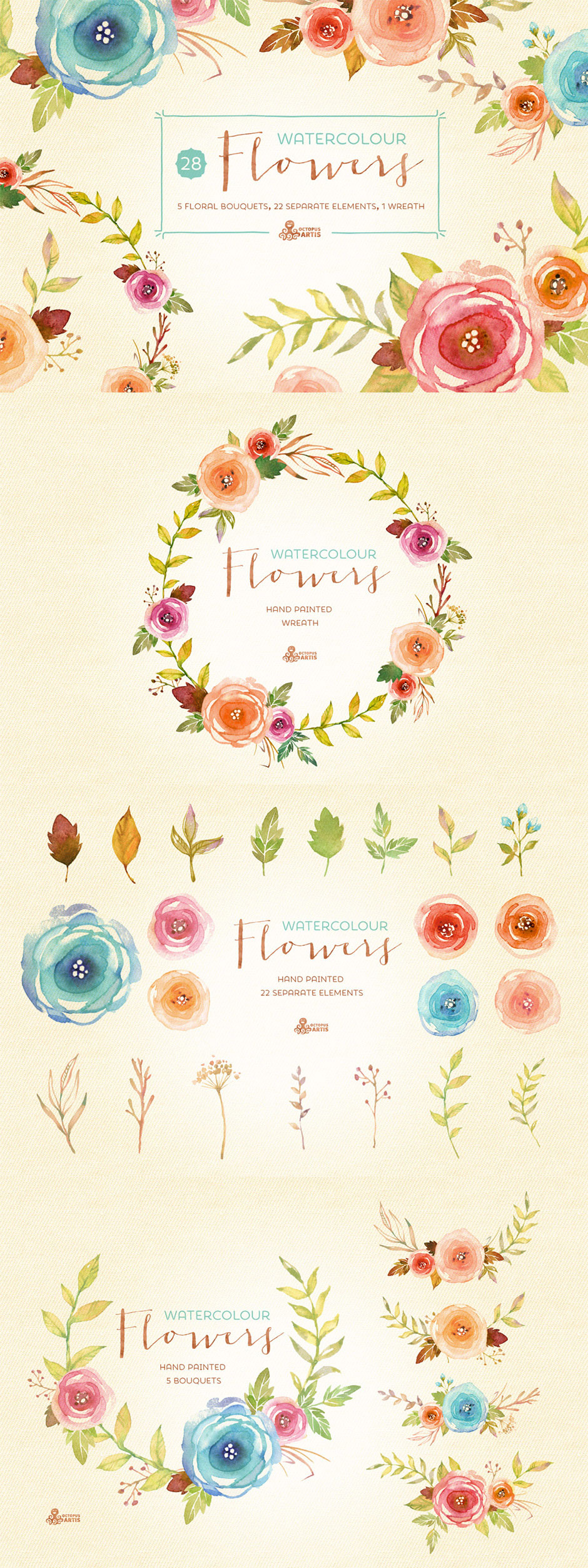 水彩花卉元素剪贴画素材包 Watercolor Flowers Pack插图