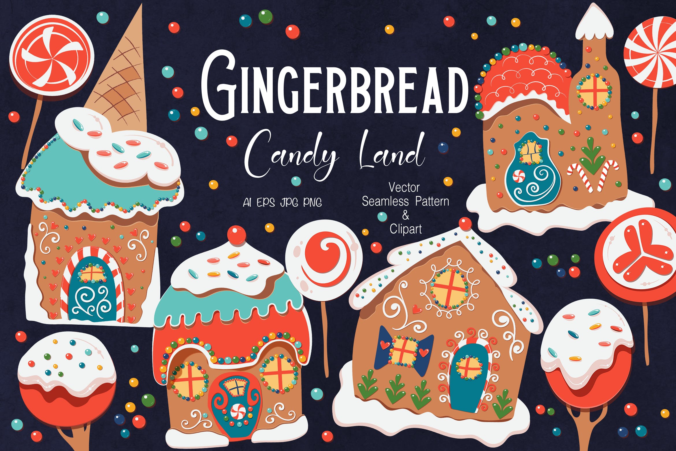 姜饼糖果乐园圣诞节矢量手绘图案背景素材 Gingerbread Candy Land插图