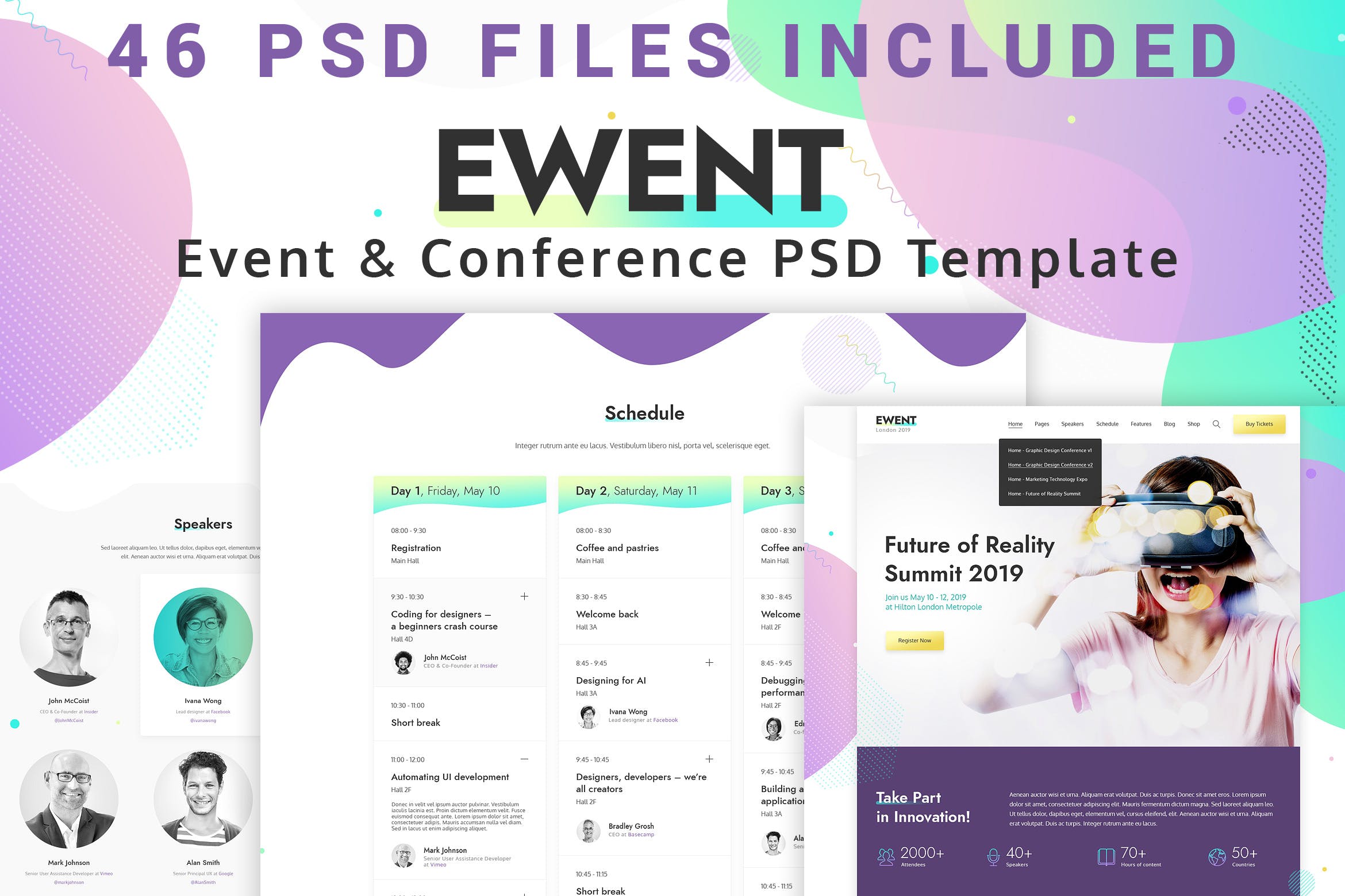 活动和会议网站设计PSD模板 Ewent – Event & Conference PSD Template插图