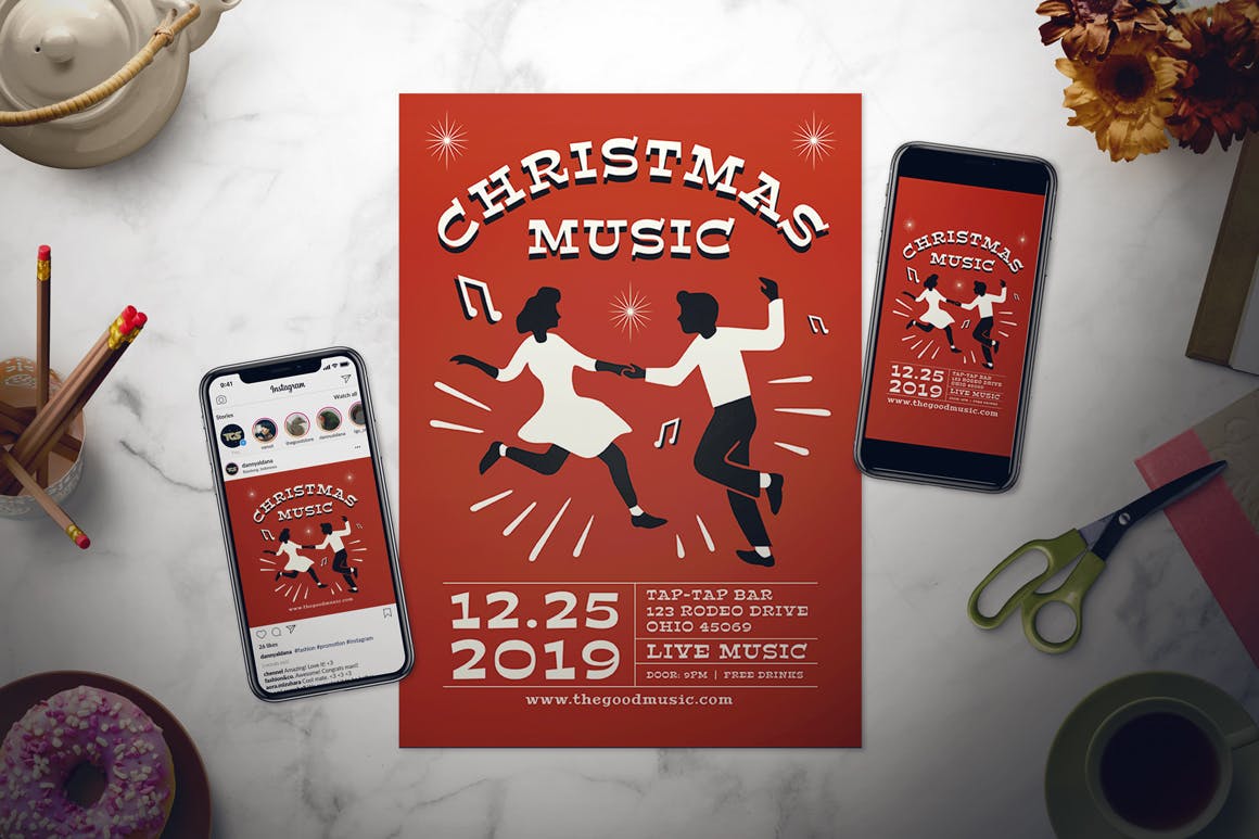 圣诞节音乐派对海报传单设计模板 Christmas Music Flyer Set插图(1)