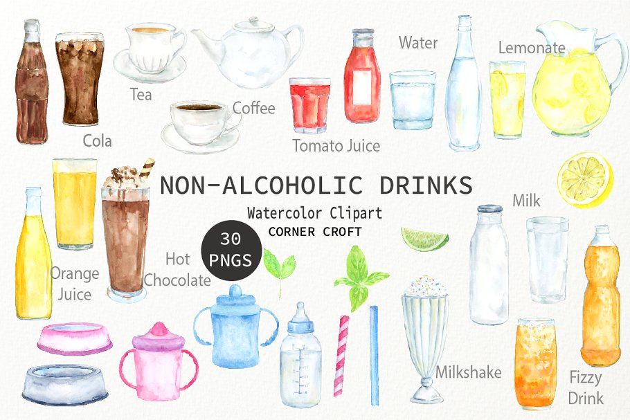 非酒精饮料水彩画插图 Watercolor non-alcoholic drinks插图(1)