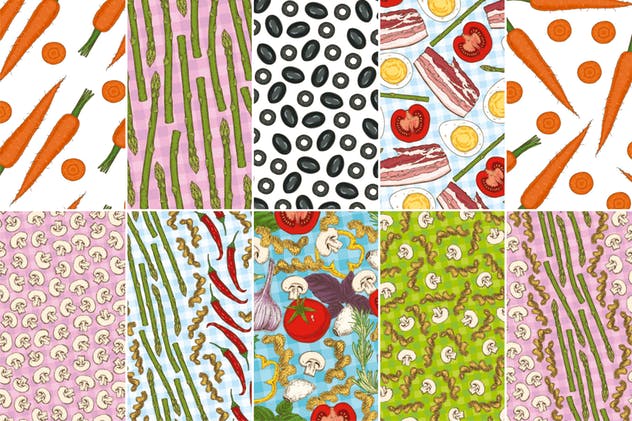 美味食物手绘图案无缝纹理合集 Food Seamless Patterns Collection插图(1)