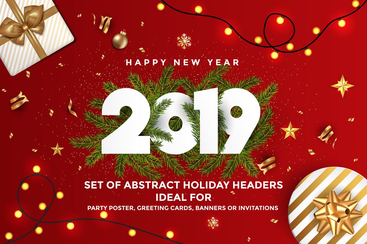 2019年新年猪年大红色贺卡设计模板 Happy New Year 2019 Greeting Cards插图