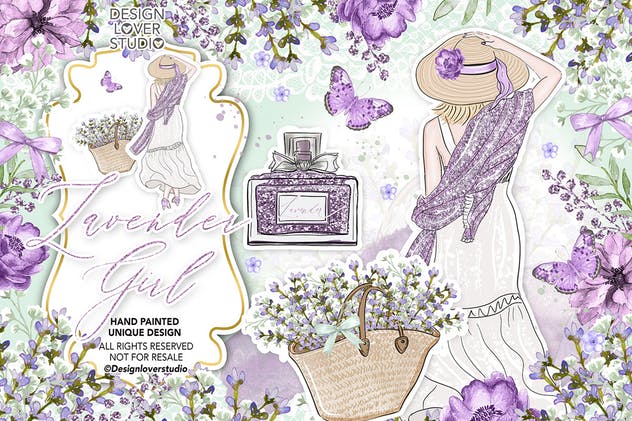 紫色薰衣草女孩水彩剪贴画设计素材 Lavender Girl design插图(2)