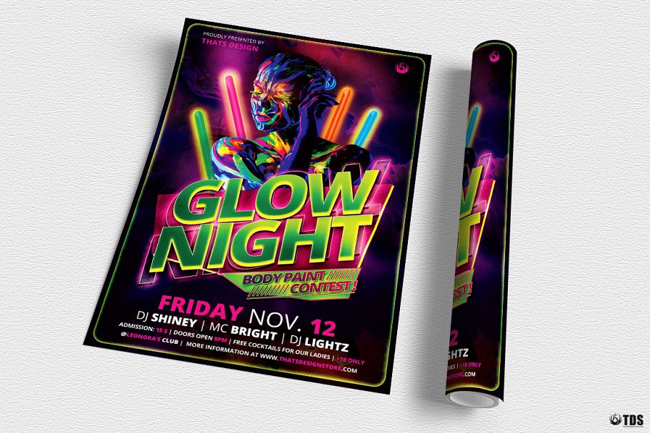 电子音乐节活动宣传海报PSD模板 Glow Night Flyer PSD插图(2)
