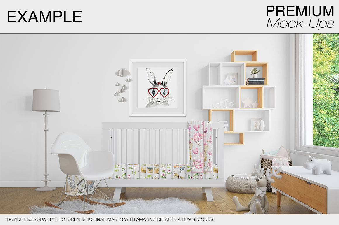 高品质的婴儿床 & 90个相框展示样机下载 Nursery Crib Wall & 90 Frames [psd]插图(9)