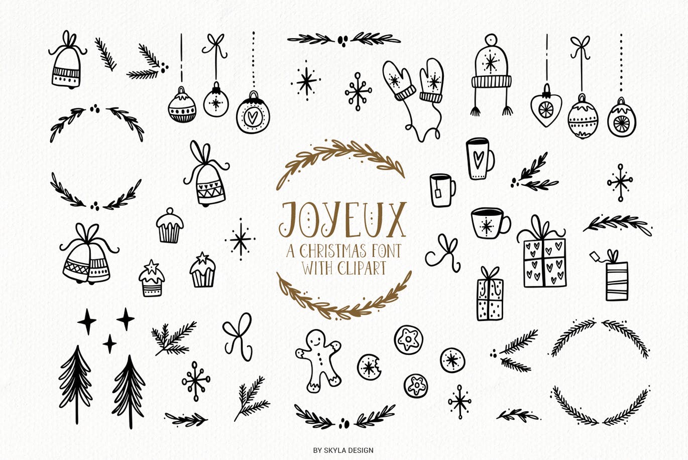 圣诞节主题英文无衬线字体&剪贴画素材 Joyeux Christmas font & clipart插图(3)