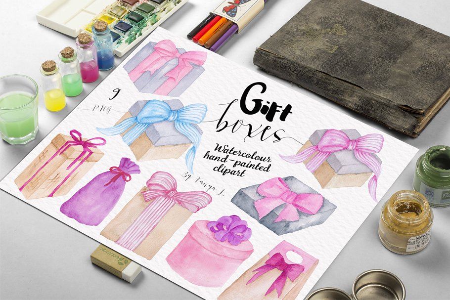 水彩风格礼品礼物剪贴画 Gift Boxes Watercolor Collection插图(1)