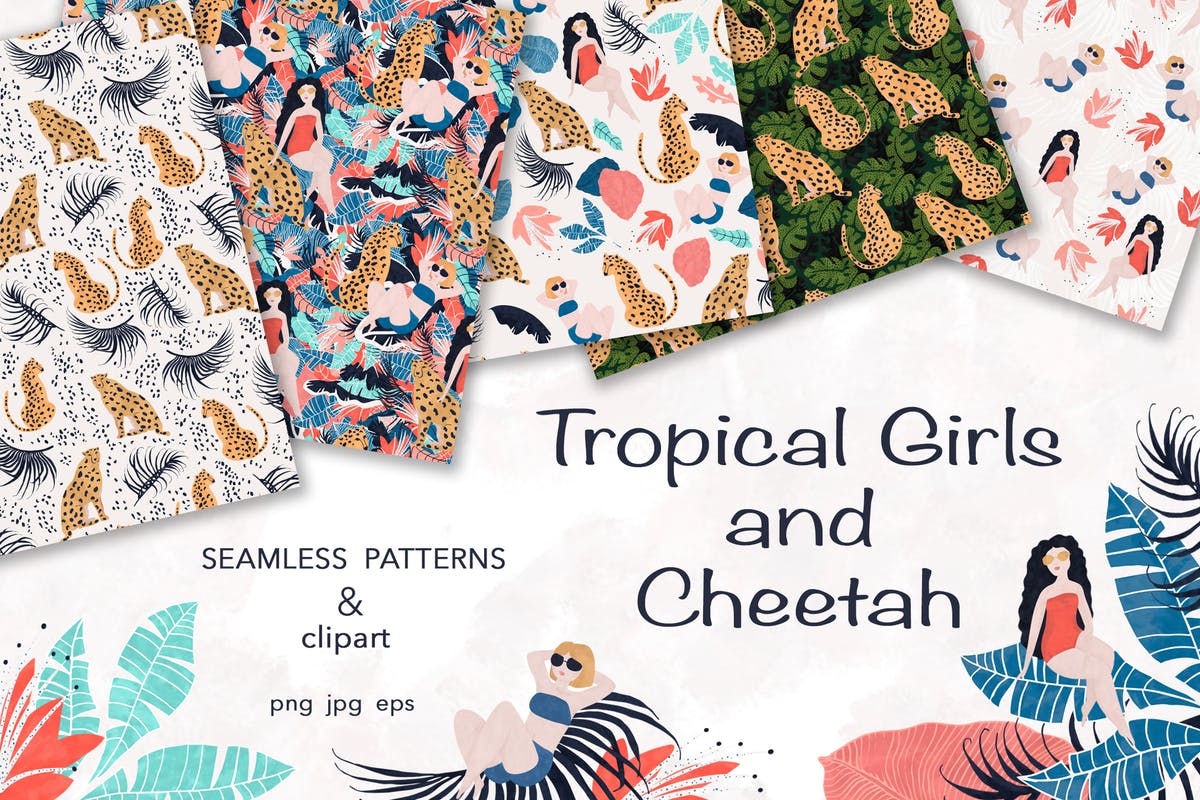 有趣的手绘热带女孩＆猎豹剪贴画 Tropical Girl and Cheetah插图