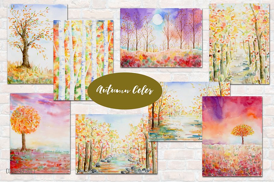 手绘水彩秋天山水景观背景 Watercolor Landscape Autumn Color插图