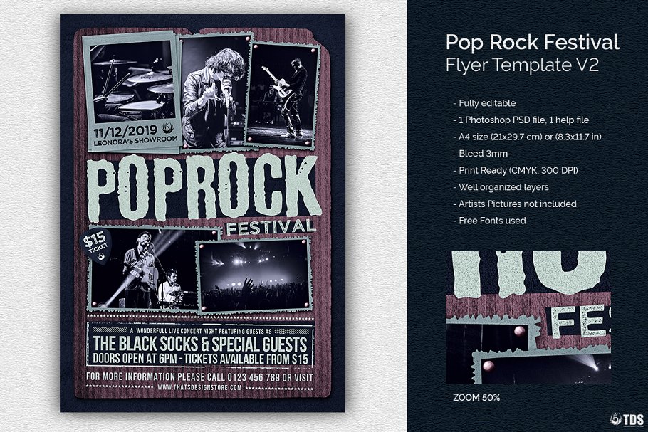 暗色调摇滚音乐节海报传单PSD模板V2 Pop Rock Festival Flyer PSD V2插图