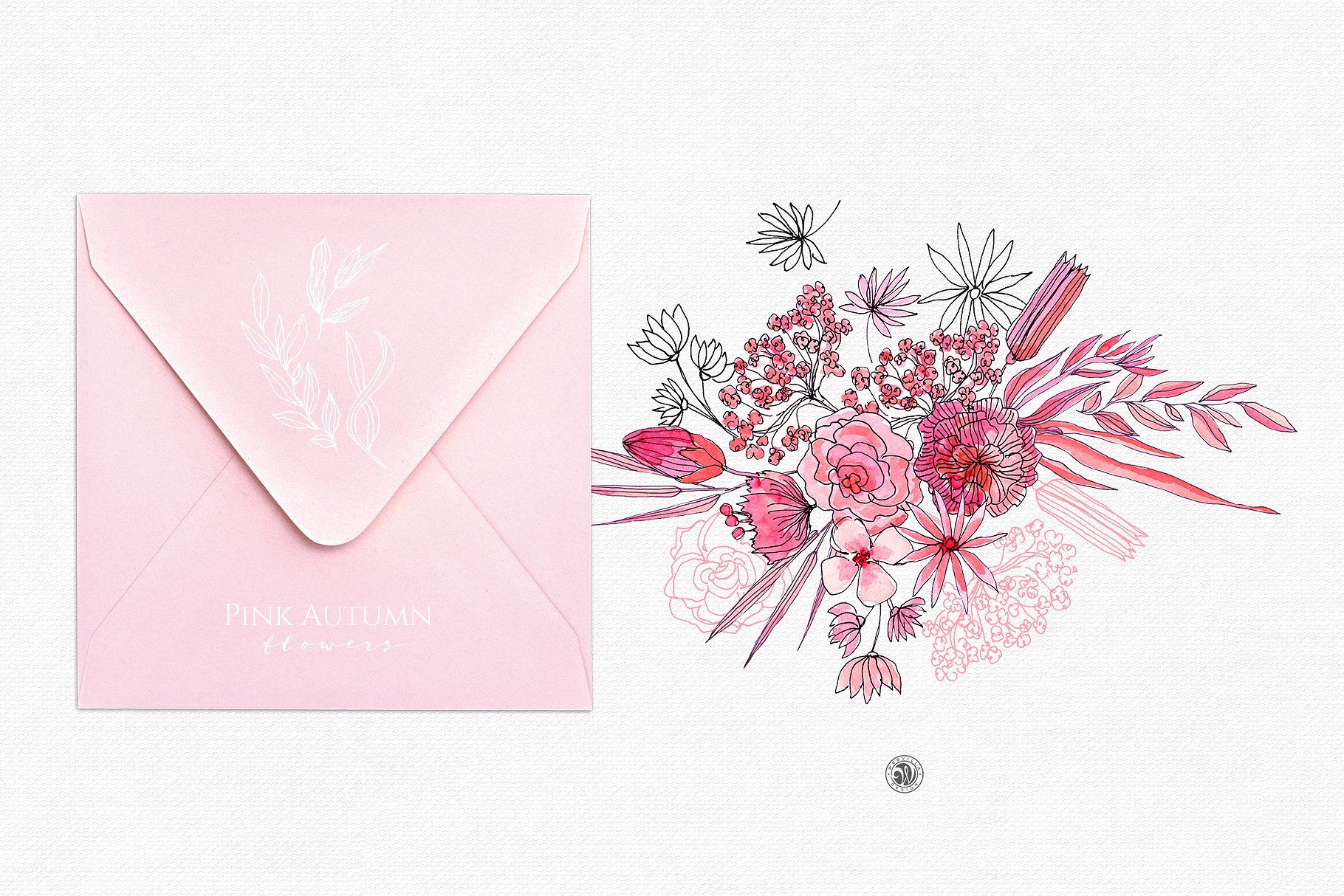 粉红水墨秋季水彩花卉插画 Pink Autumn Flowers插图(1)