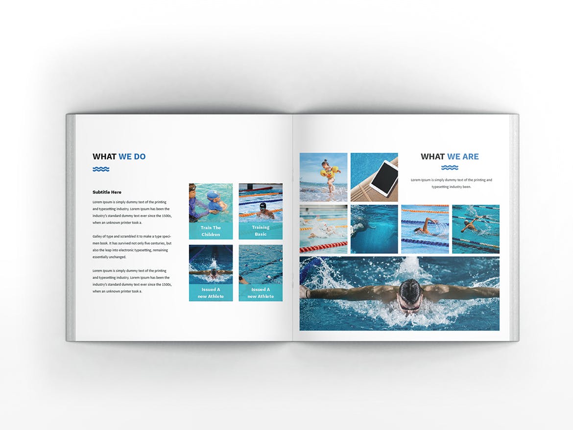 游泳培训课程方形宣传画册设计模板 Swimming Square Brochure Template插图(5)