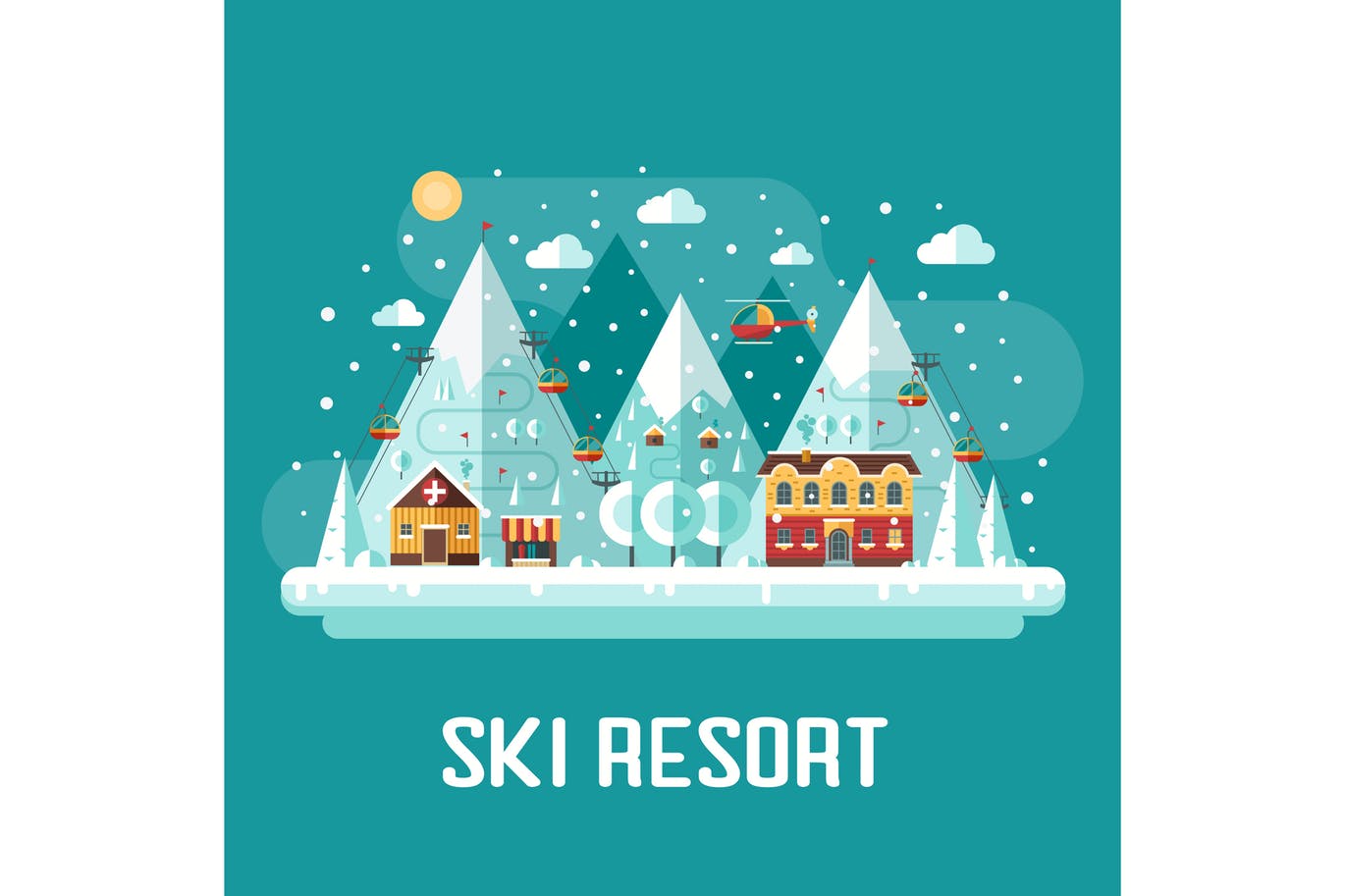 冬季滑雪场扁平设计风格场景插画 Winter Ski Resort Flat Landscape插图