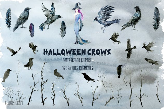 万圣节主题乌鸦&巫婆水彩插画合集 Halloween Crows and Witch Watercolor插图(1)