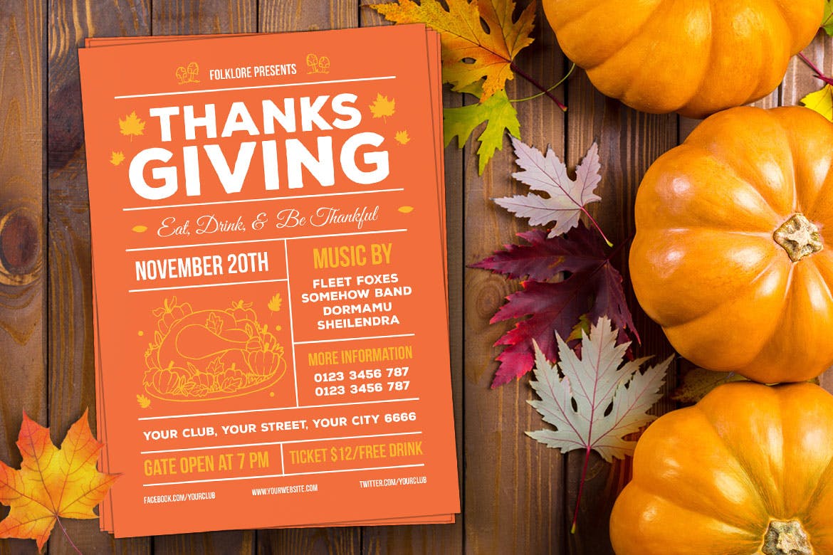 水彩枫叶设计风格俱乐部感恩节活动海报设计模板 Thanksgiving Flyer插图(2)
