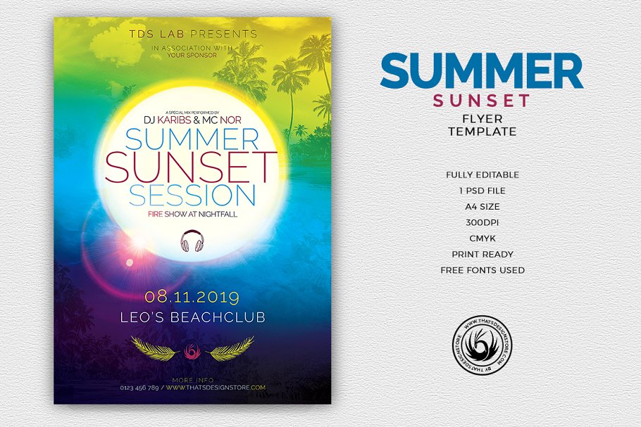 夏季海滩派对宣传单PSD模板 Summer Sunset Flyer PSD插图