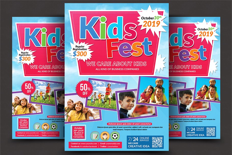 创意儿童夏令营宣传单设计模板 Kids Summer Camp Flyer template插图