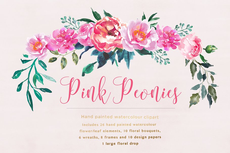 牡丹花水彩剪贴画 Peonies Pink Flower Clipart插图