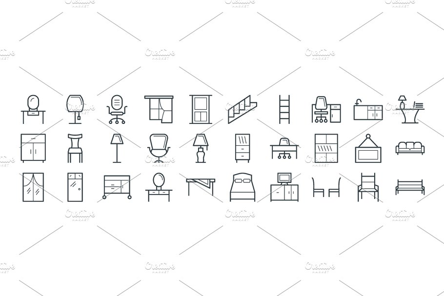 100个家居家具矢量线条图标  100 Furniture Vector Icons插图(2)