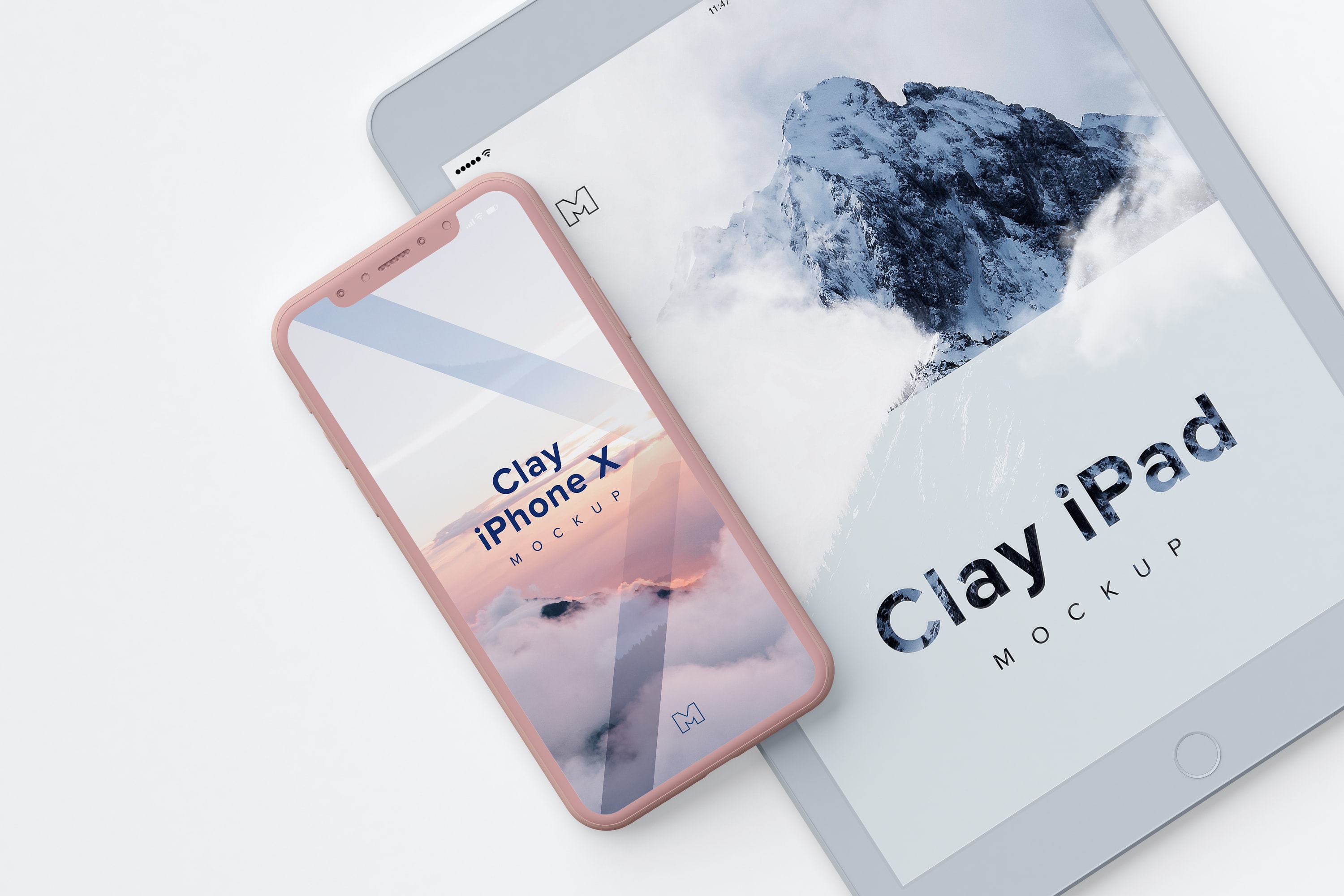 iPhone X＆iPad叠放平铺视觉屏幕设计演示样机模板01 Clay iPhone X and iPad Mockup 01插图(2)
