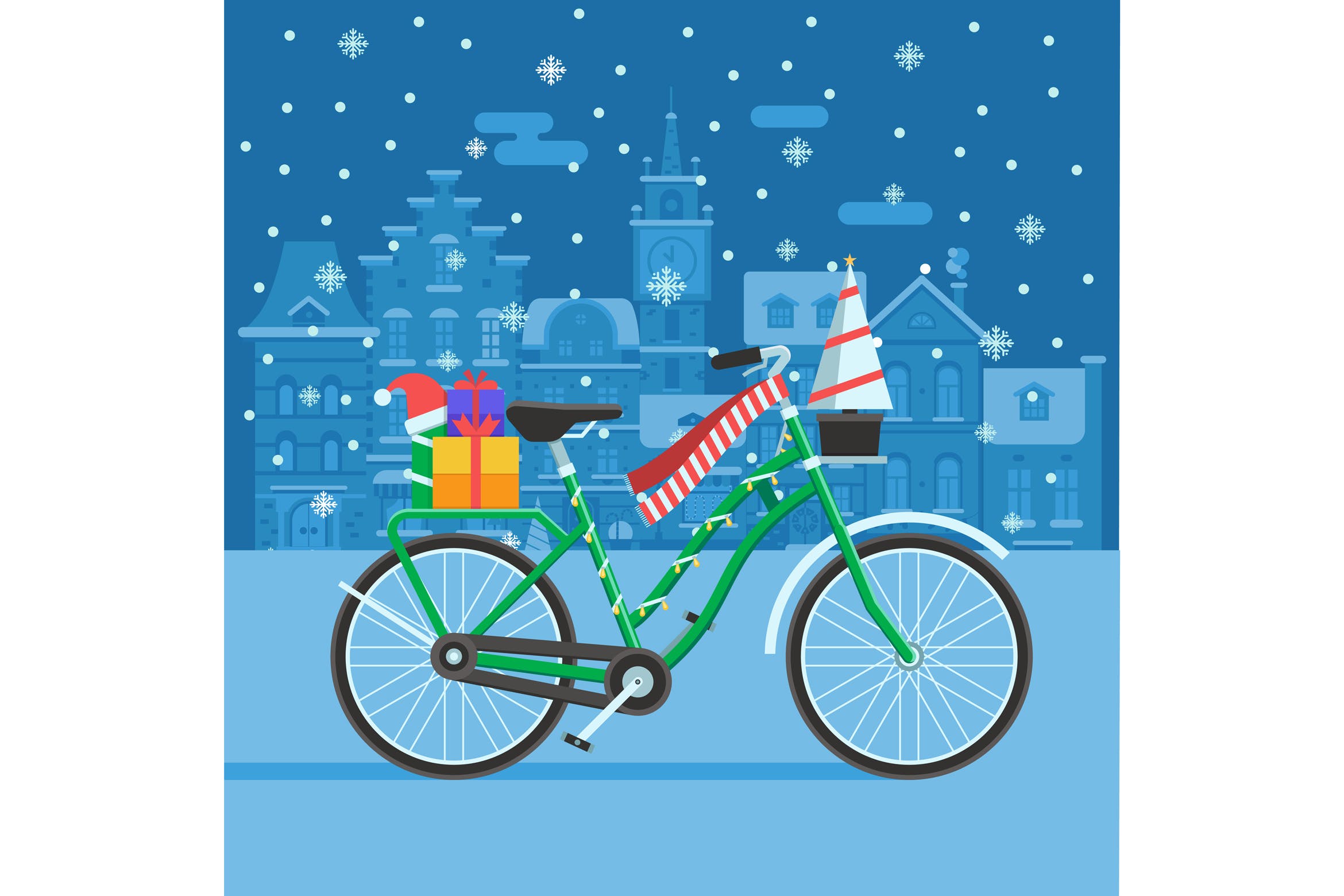 圣诞礼物自行车矢量插画设计素材 Winter Bike With Christmas Gifts插图