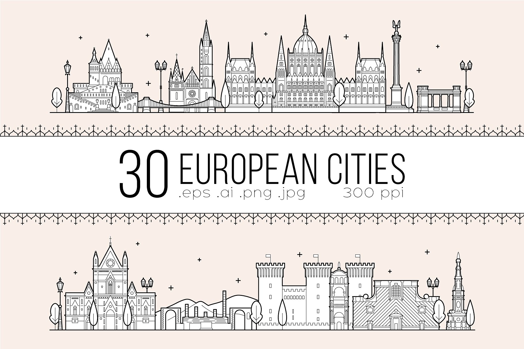 30款欧洲城市地标钢笔画矢量插画 Collection of 30 European cities插图