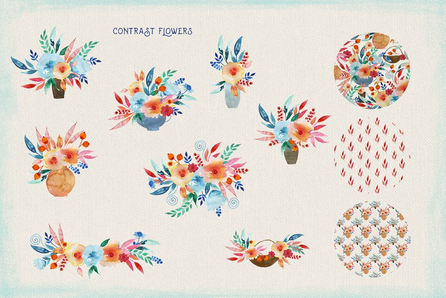 民族风水彩铺满样式花卉剪贴画 Contrast Flowers插图(4)