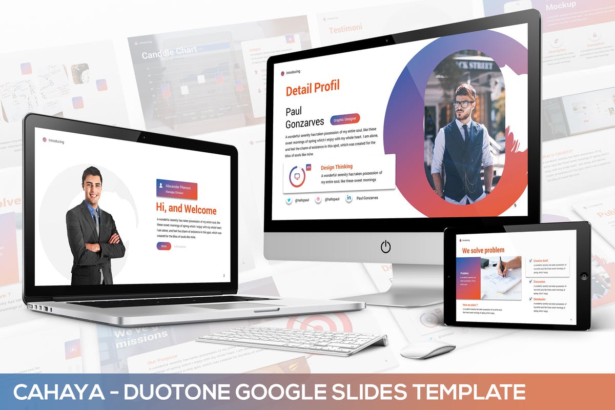 互联网创意项目推荐谷歌幻灯片模板 Cahaya –  Duotone Google Slides Template插图