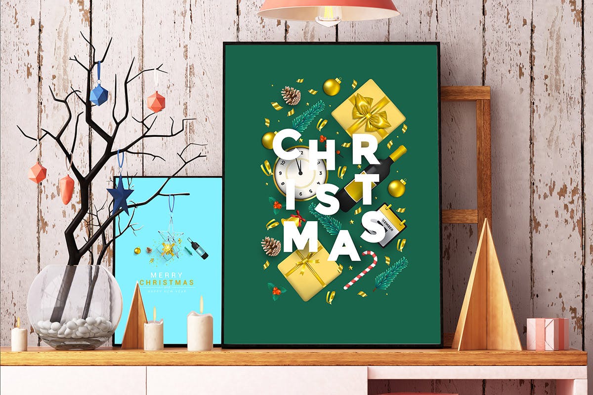 圣诞节&新年祝福主题贺卡设计模板v2 Merry Christmas and Happy New Year greeting cards插图(1)