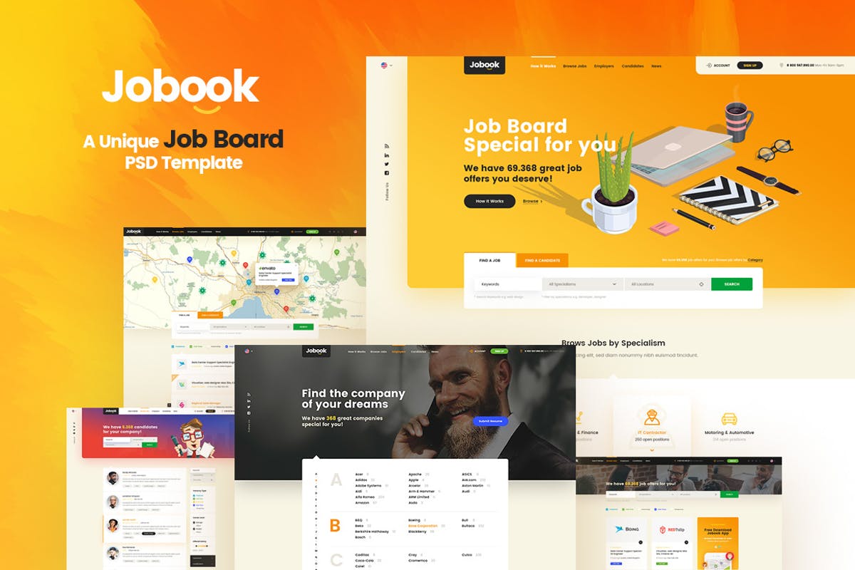 创意招聘网站设计PSD模板 Jobook – A Unique Job Board Website PSD Template插图